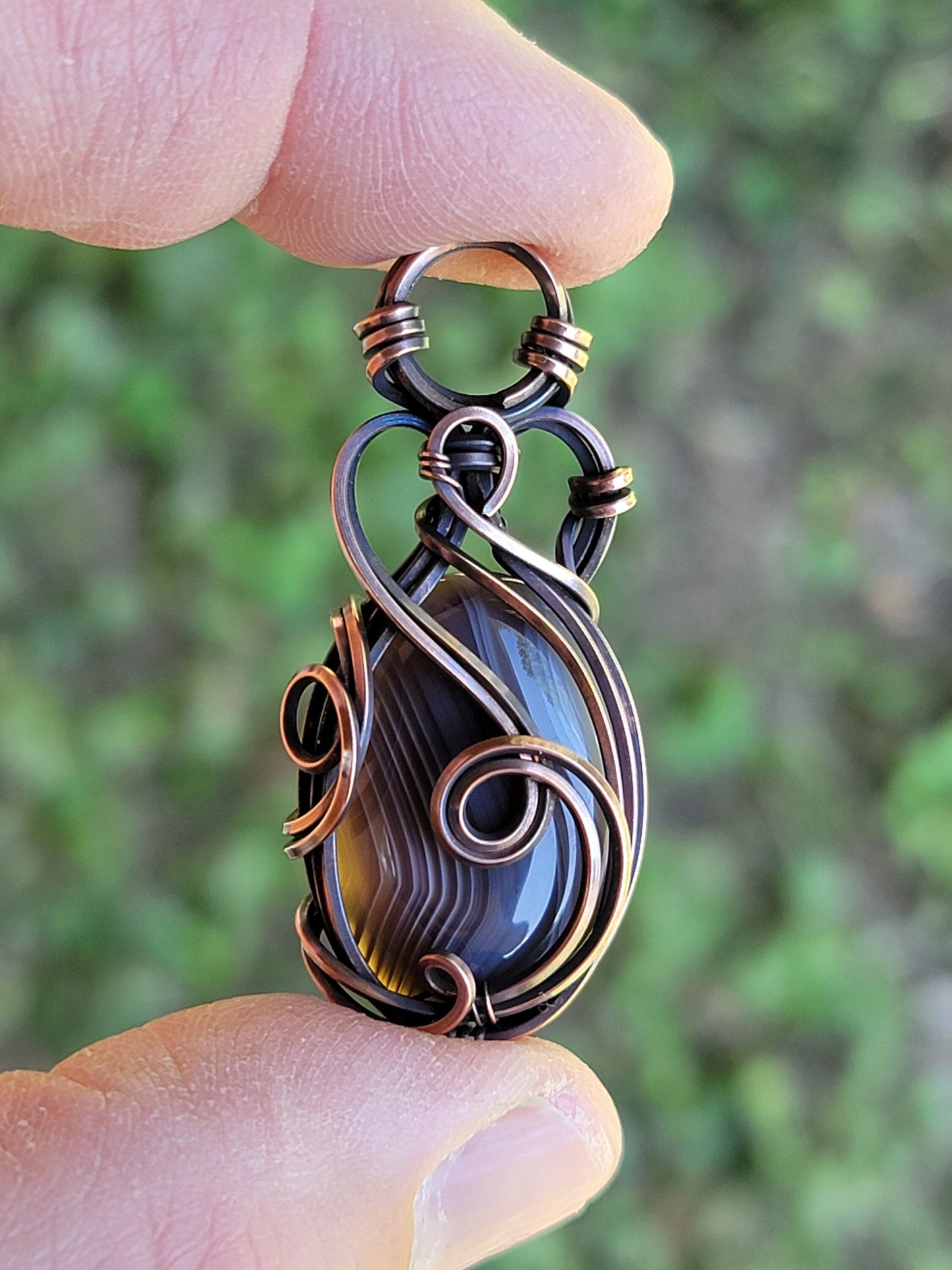 Banded Agate Necklace - 'Tyet' - Wire Wrap Pendant - Oxidized Copper Jewelry