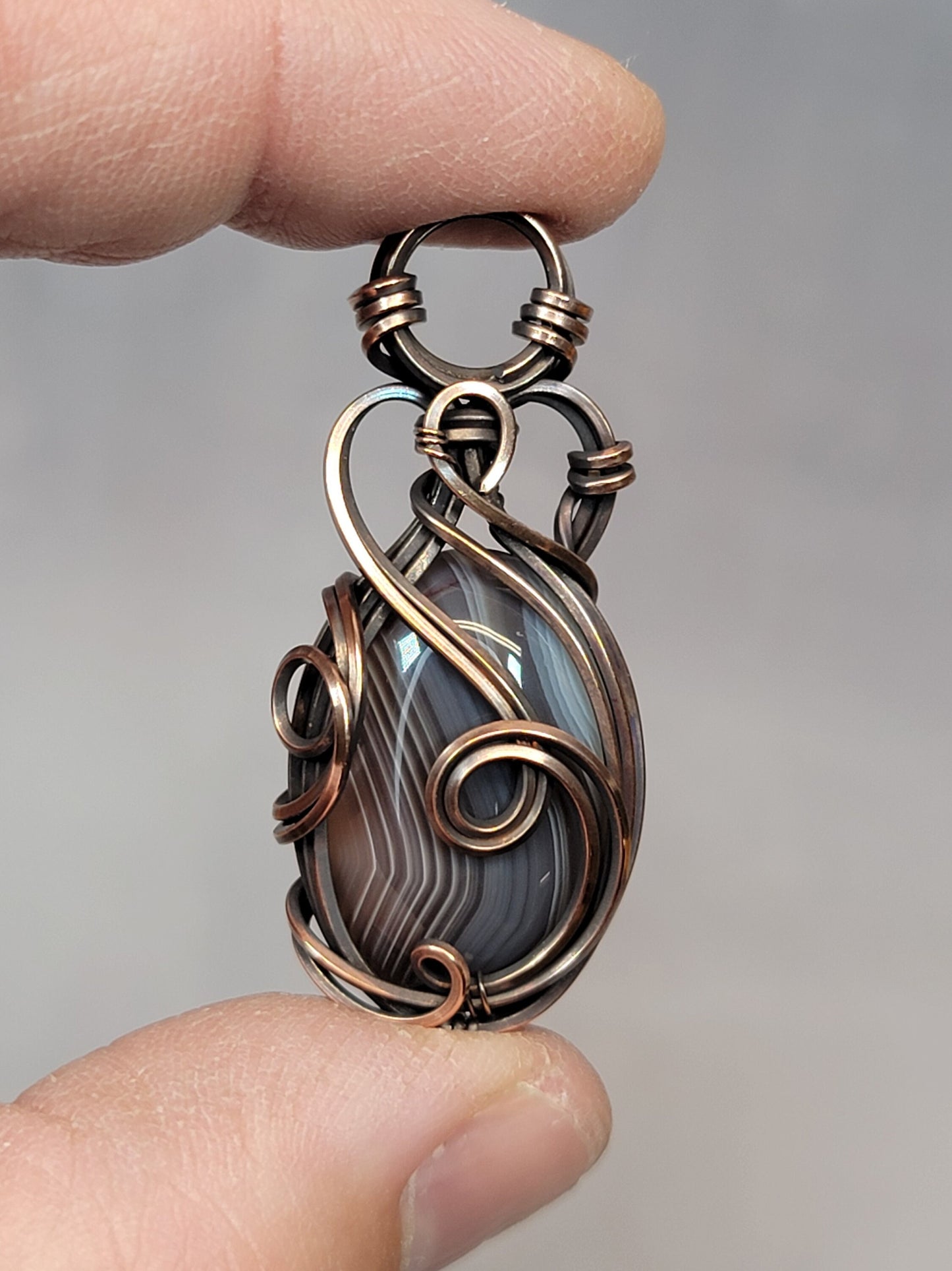 Banded Agate Necklace - 'Tyet' - Wire Wrap Pendant - Oxidized Copper Jewelry