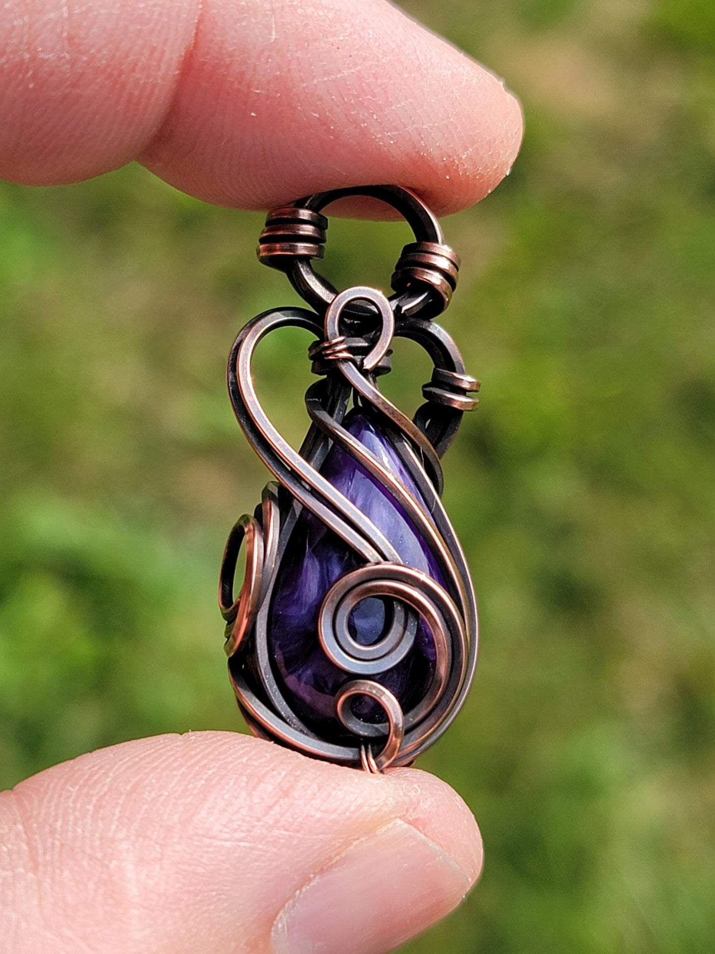 Charoite Necklace - 'Tyet' - Wire Wrap Pendant - Copper Jewelry