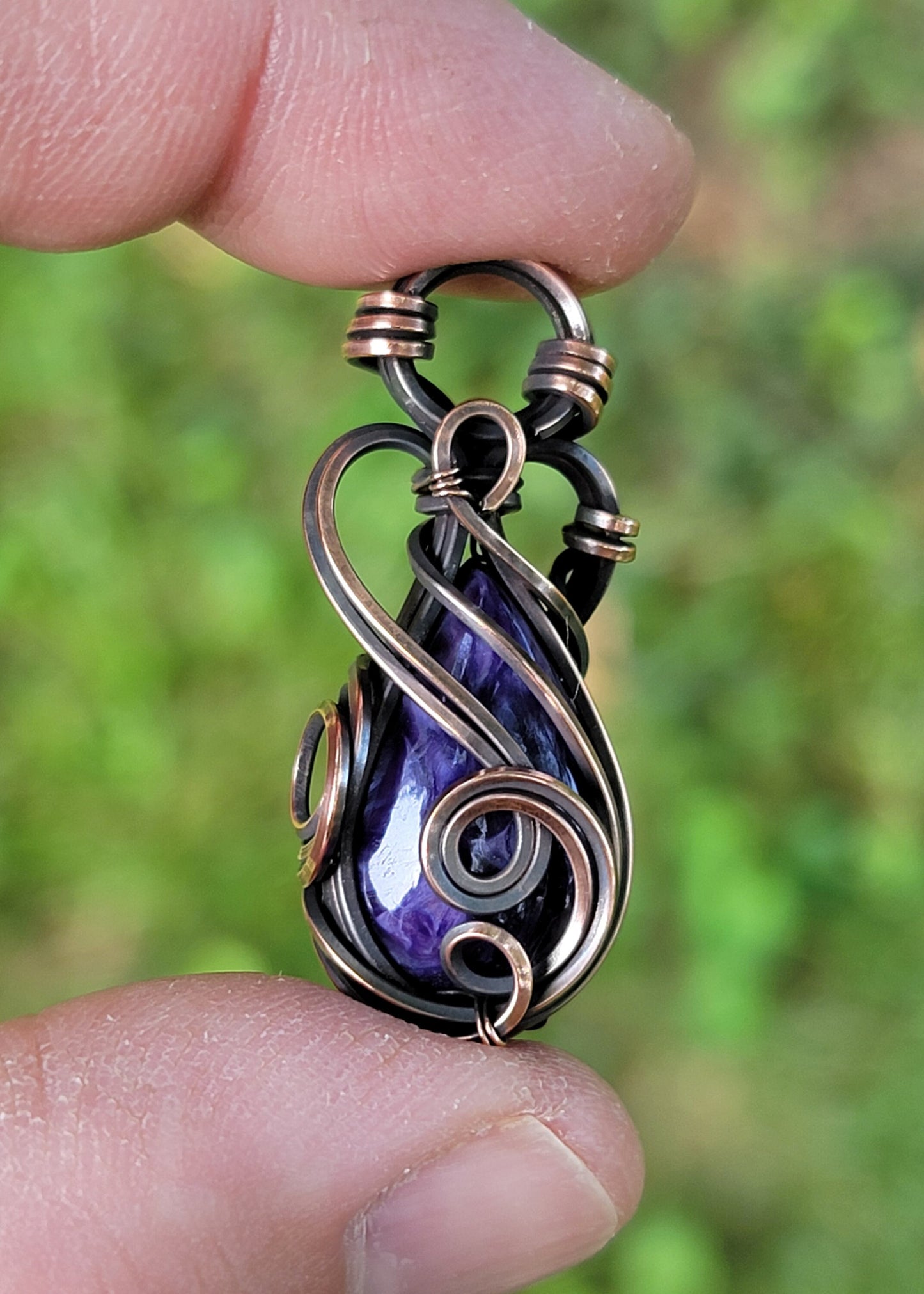 Charoite Necklace - 'Tyet' - Wire Wrap Pendant - Copper Jewelry