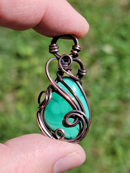 Malachite Necklace - 'Tyet' - Wire Wrap Pendant - Copper Jewelry