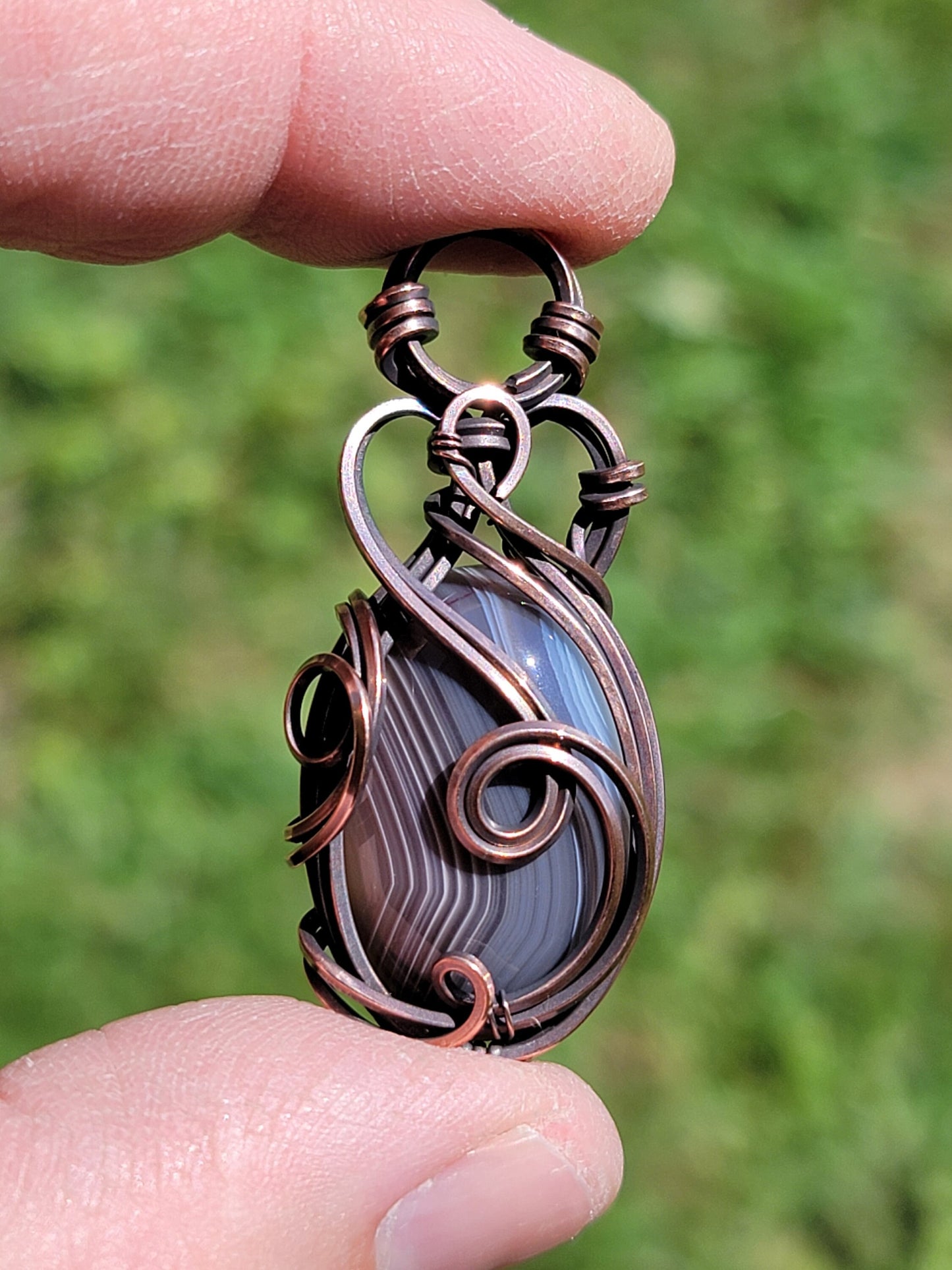 Banded Agate Necklace - 'Tyet' - Wire Wrap Pendant - Oxidized Copper Jewelry