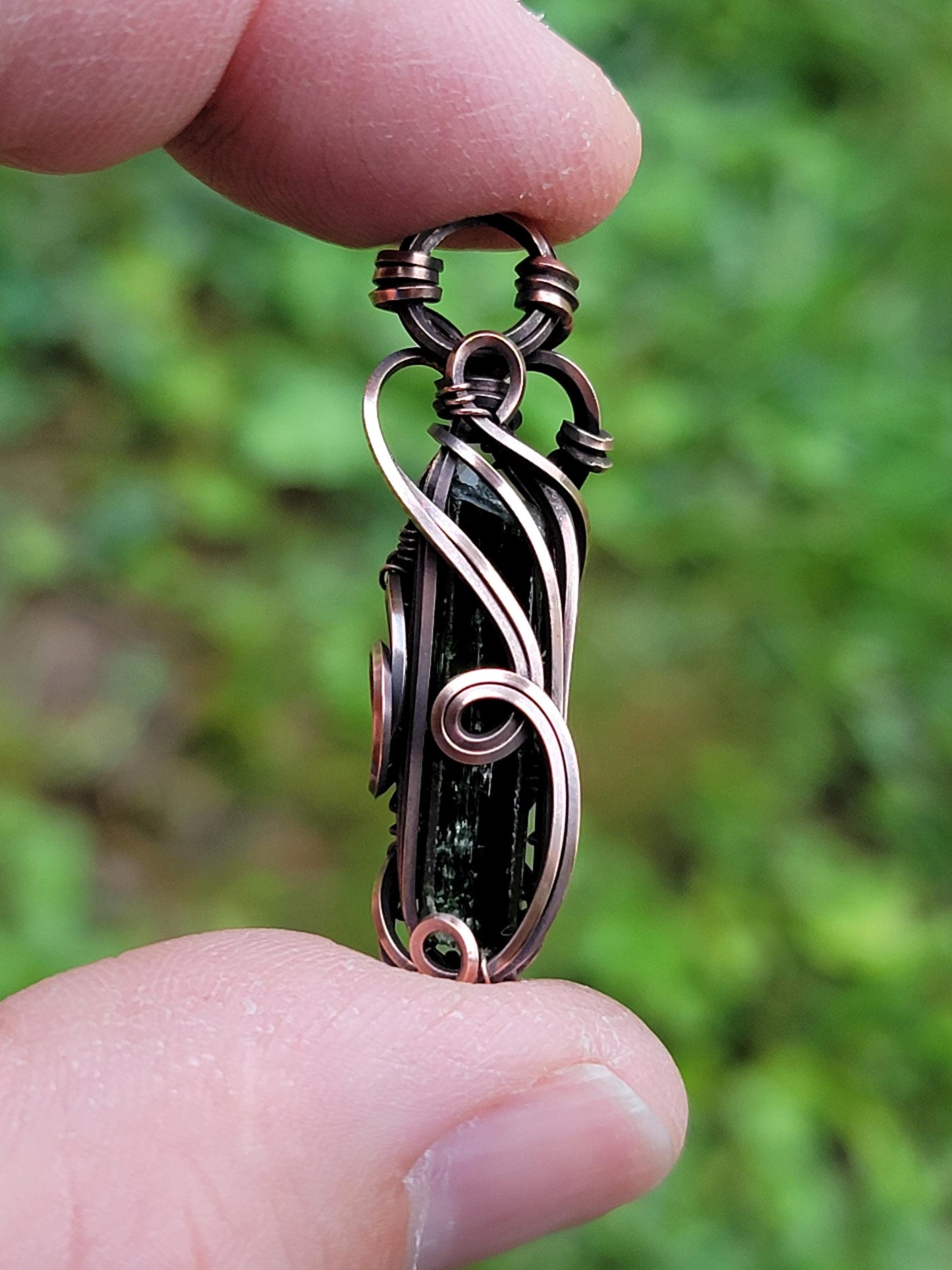 Dark Green Raw Epidote Necklace - 'Tyet' - Wire Wrap Pendant - Oxidized Copper Jewelry