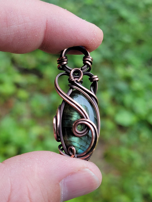 Labradorite Necklace - 'Tyet' - Wire Wrap Pendant - Oxidized Copper Jewelry