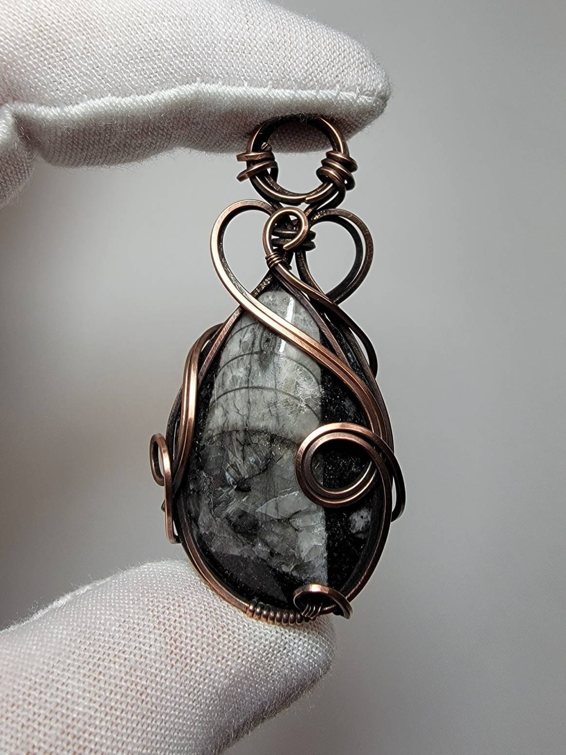 Orthoceras Fossil Cabachon 'Tyet' Pendant Wire Wrap Oxidized Copper