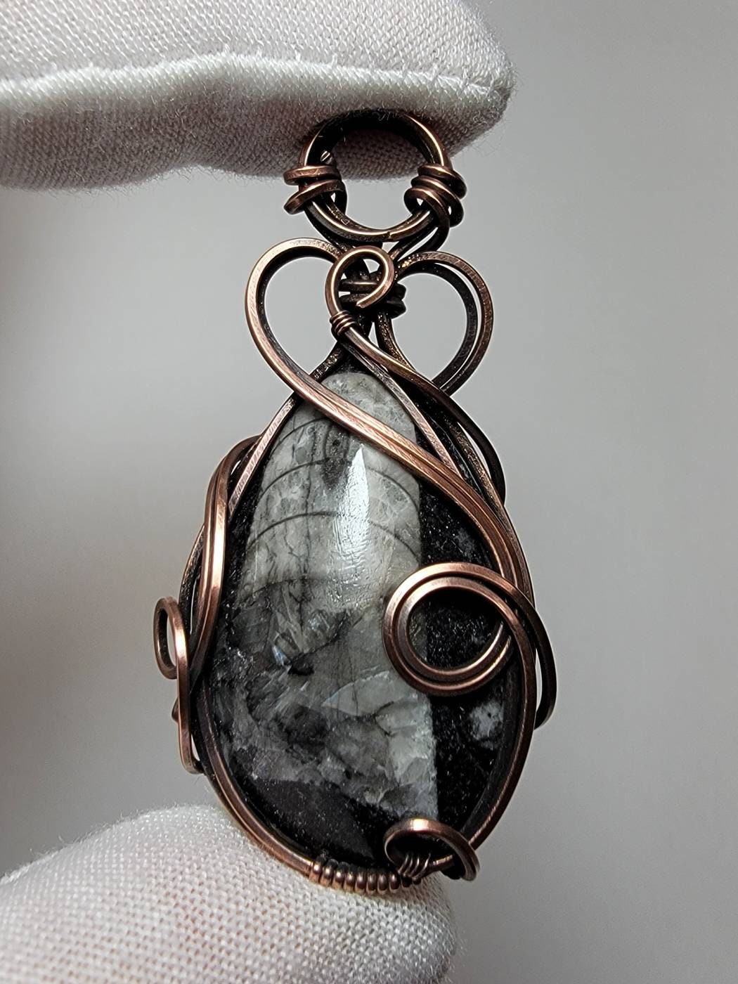 Orthoceras Fossil Cabachon 'Tyet' Pendant Wire Wrap Oxidized Copper