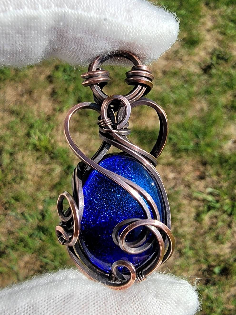 Blue Dichroic Glass Cabochon - 'Tyet' - Wire Wrap Pendant - Oxidized Copper