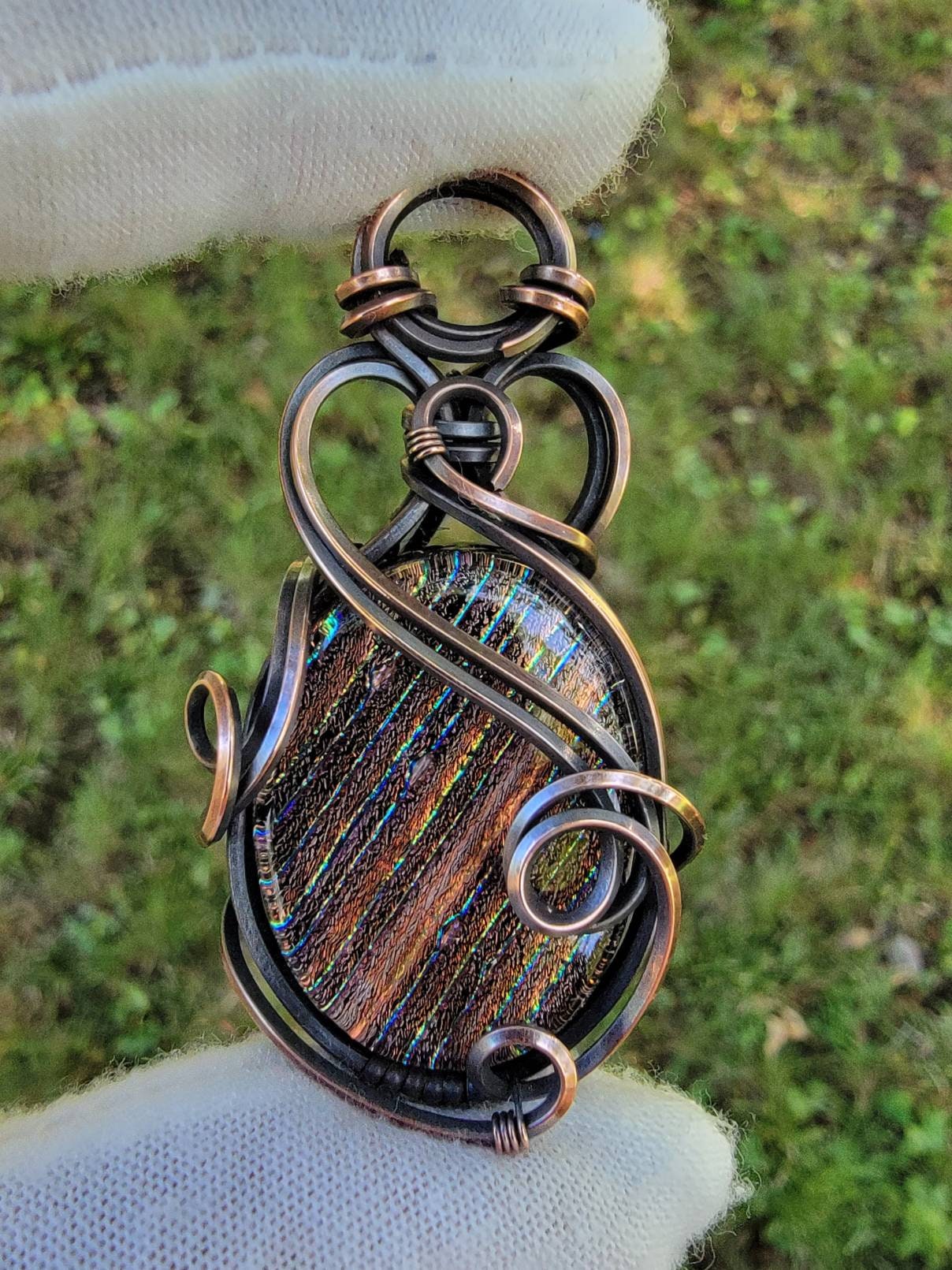 Striped Dichroic Glass Cabochon - 'Tyet' - Wire Wrap Pendant - Oxidized Copper