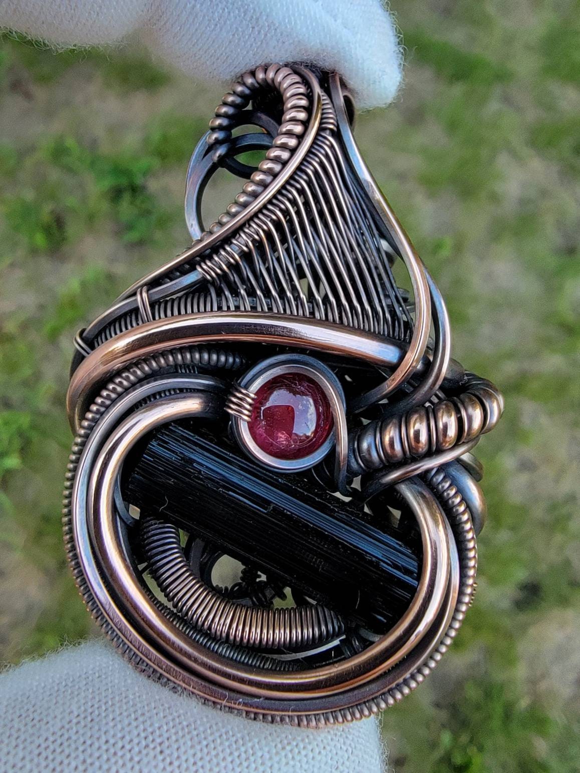 Black Tourmaline + Spinel - Coil & Flow - Wire Wrap Pendant - Oxidized Copper