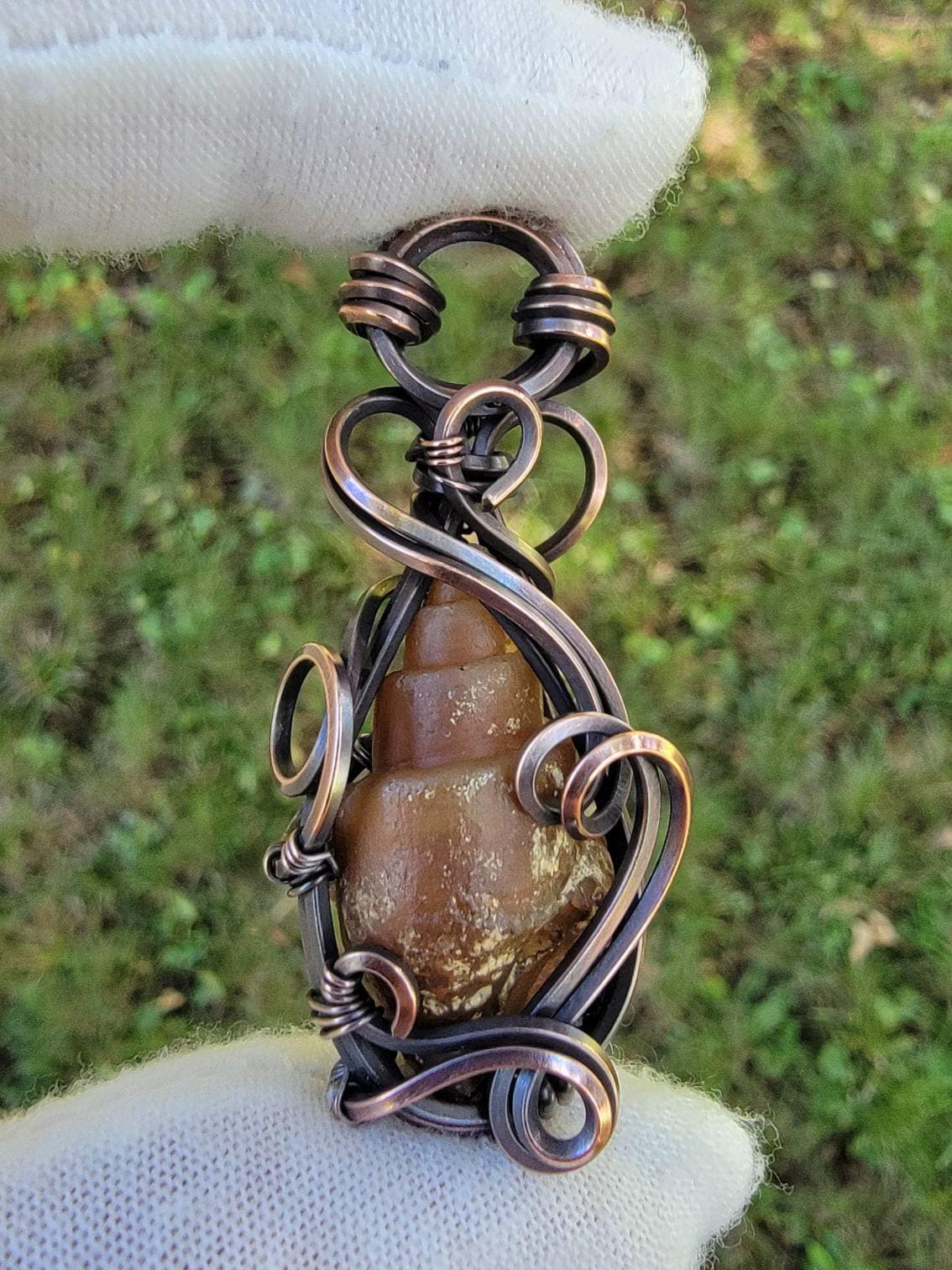 Agatized Snail Shell - 'Tyet' - Wire Wrap Pendant - Oxidized Copper