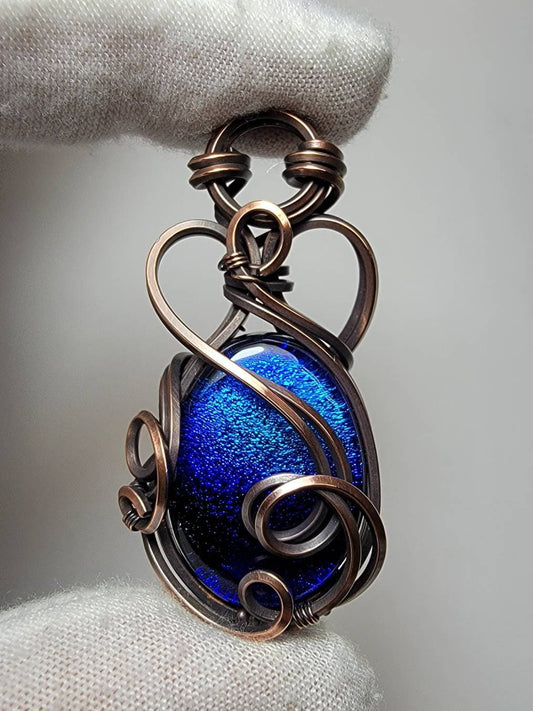 Blue Dichroic Glass Cabochon - 'Tyet' - Wire Wrap Pendant - Oxidized Copper
